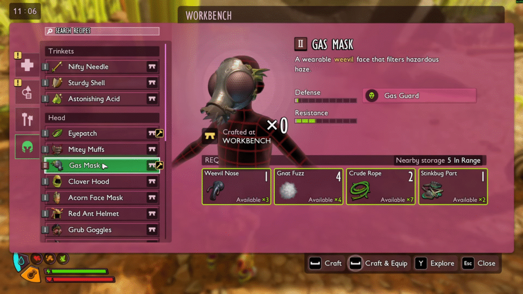 Workbench crafting menu in Grounded 2 showing Gas Mask recipe