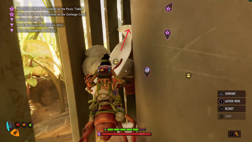 Player character jumping from a rotten banana onto a plastic spoon inside the Garbage Can in Grounded 2