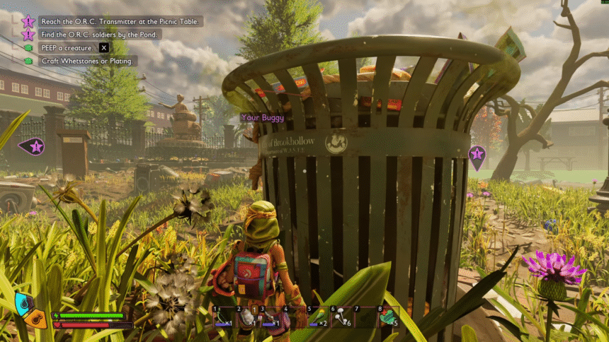 Player stand front of garbage can in Grounded 2